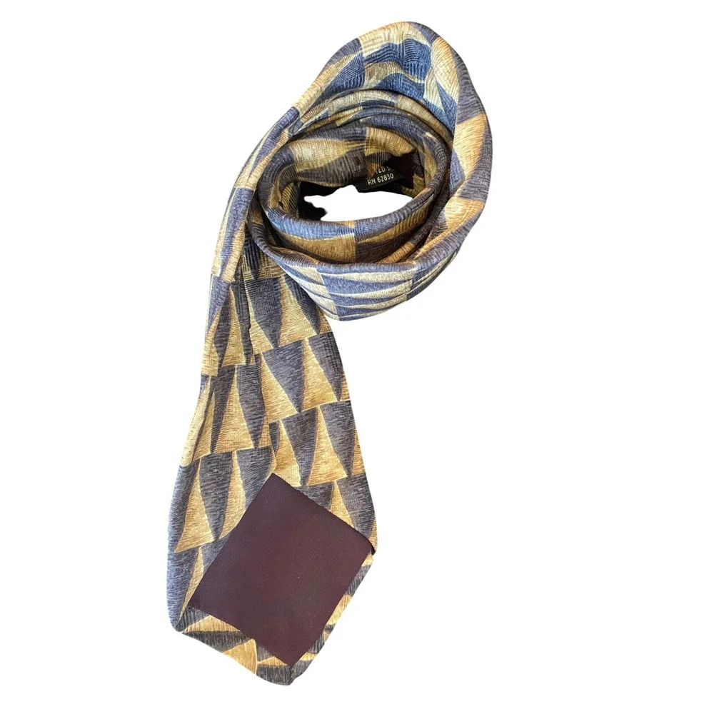 J Garcia Mens Silk Necktie Gold Charcoal Grey Geometric Triangle Pattern Art Tie